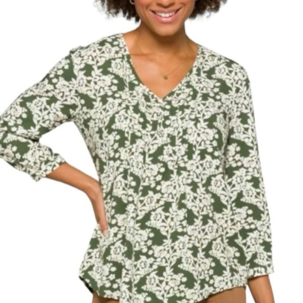 Fun 2 Fun Maley Pleated Green & White Floral Blouse NWT XSmall